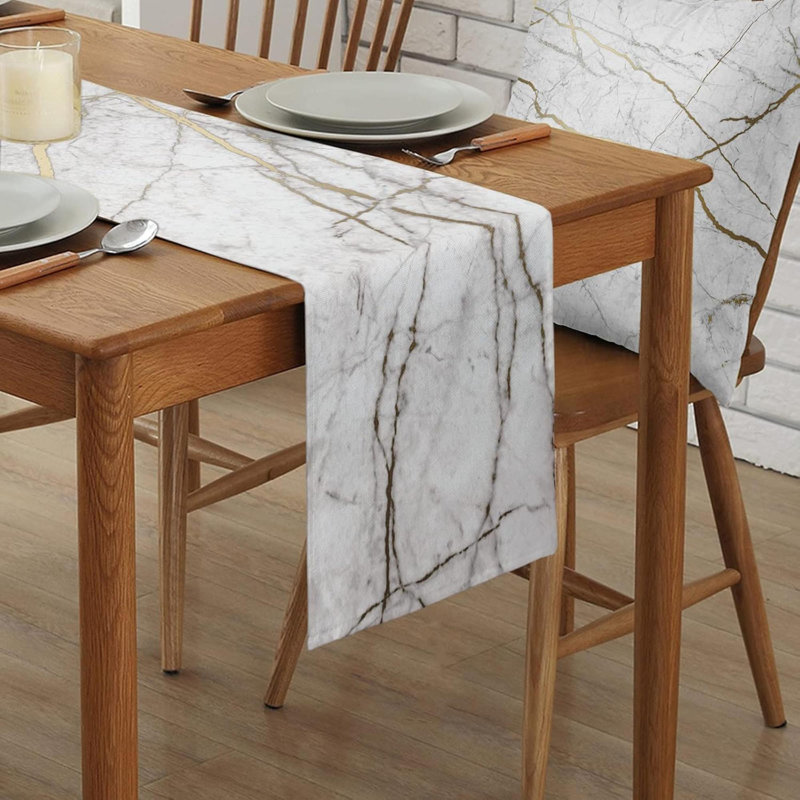 Marble Table Runner-Cotton Linen-Long White Gray Gold Dresser Scarves,Texture Tablerunner For Kitchen Coffee/Dining/Sofa/End Table Bedroom Home Living Room,Scarfs Decor For Holiday Dinner