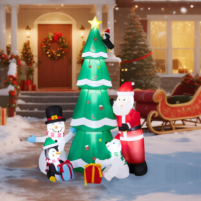 Arbre de Noël gonflable 7,5 pi avec père Noël, bonhomme de neige et pingouin, 9 lumières à DEL intégrées, polyester résistant aux intempéries, 8 piquets de sol et 4 cordes de sécurité pour la cour / jardin / intérieur