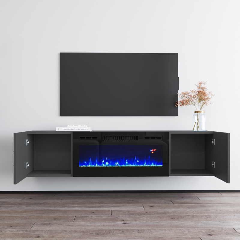 London Modern TV Stand with Electric Fireplace, High Gloss Finish, Wall-Mounted, Gray/White