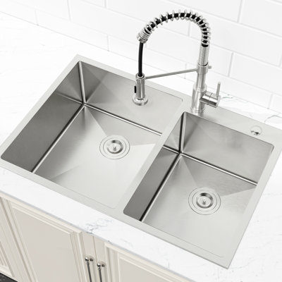 Modern Stainless Steel Double Bowl Sink 33"X19" - Overmount, With Noise-Minimizing Features Overmount Installation, Scratch Resistance