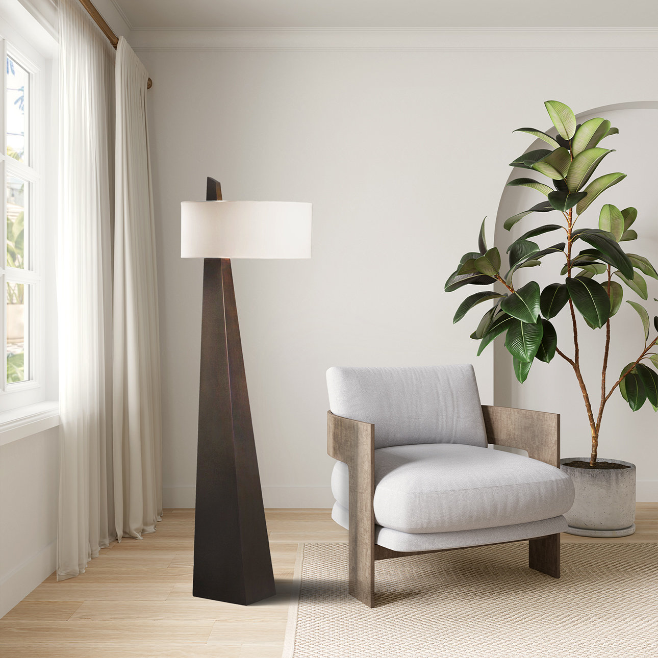 Obelisk 63" Linen Floor Lamp, Walnut Wood