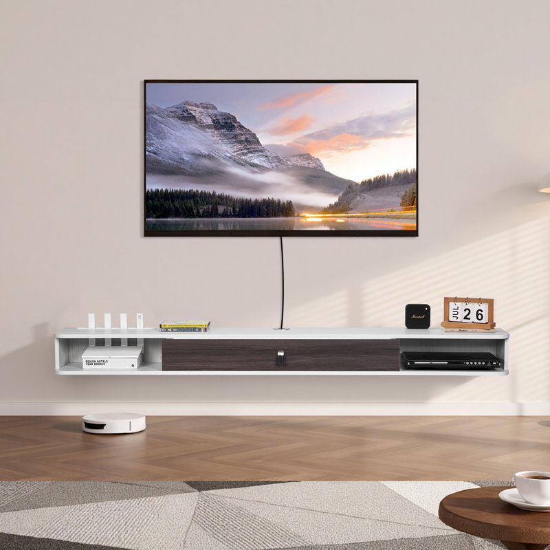 Floating TV Stand, Wall Mount Entertainment Center with Cable Hole, Modern Floating TV Shelf with Storage Cabinet, Particle Board Console for DVD Player, Cable Box, Game Console, White