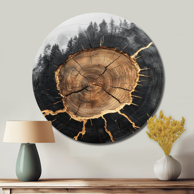 Mysteries Of A Dark Onyx Wood Slice II - Modern Gold Metal Art Print, Owl Round Metal Wall Art