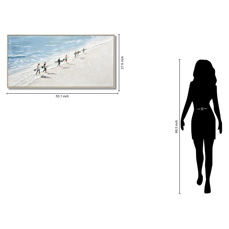 Art mural en toile Surfer Stroll on Sunlit Shore - 28 po x 55 po - Cadre beige