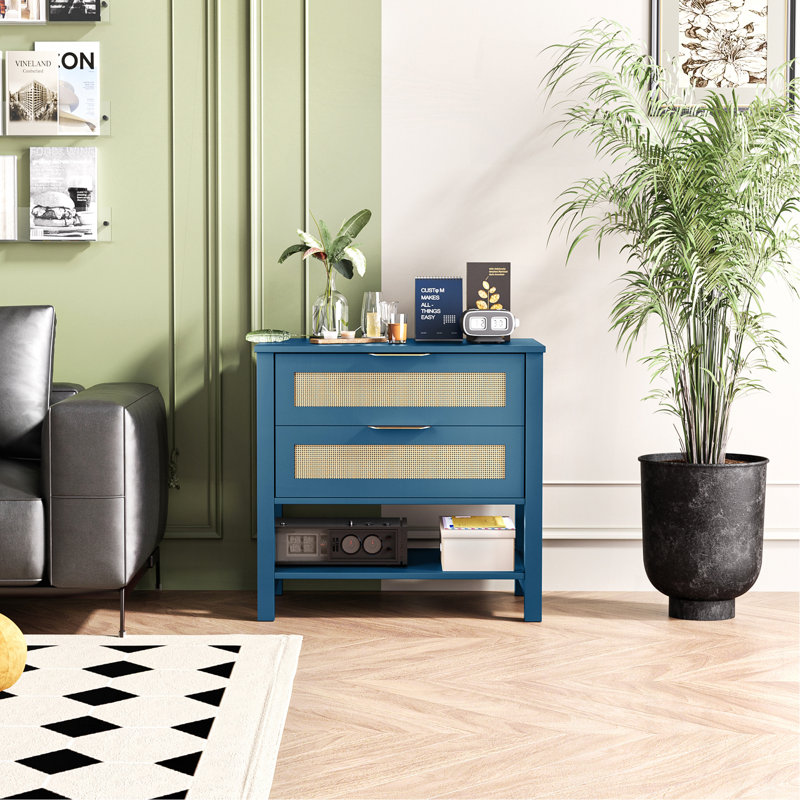Table de chevet étroite en rotin avec 2 tiroirs et tablette de rangement Boho, Turquoise