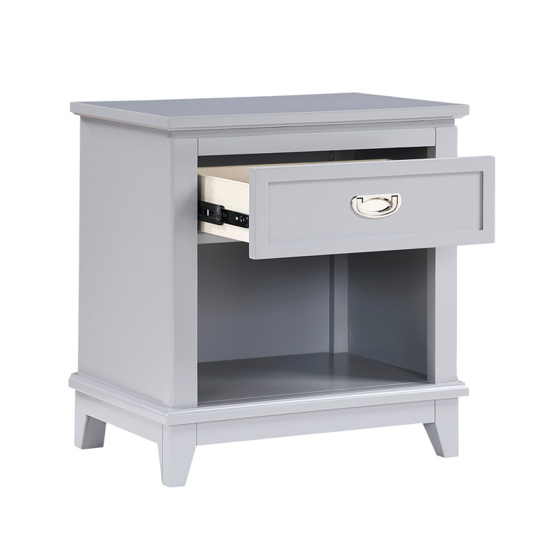 Table de chevet classique gris avec 1 tiroir et tablette inférieure, rangement dans la chambre à coucher, sans assemblage, table de chevet en nickel, glissières lisses, poignées, H 26 po, assemblage