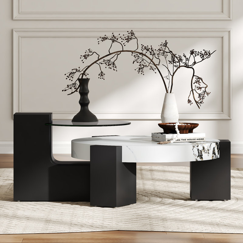 Ensemble de tables basses gigognes 2 pièces pour maison et appartement, Blanc/Noir, H 29,9 po x L 29,9 po x l 17,3 po