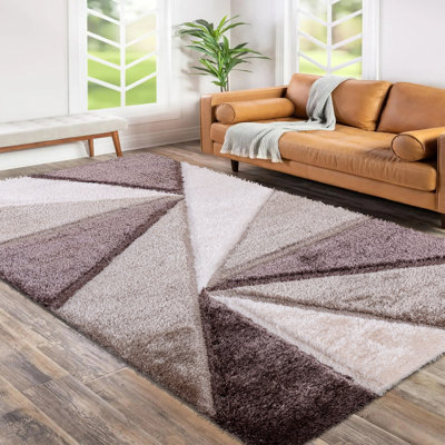 Shaggy Geometric Rug – 100% Polyester Soft Pile Carpet, Colourfast, Water & Soil Repellent, Anti-Static Modern Living Room Rug