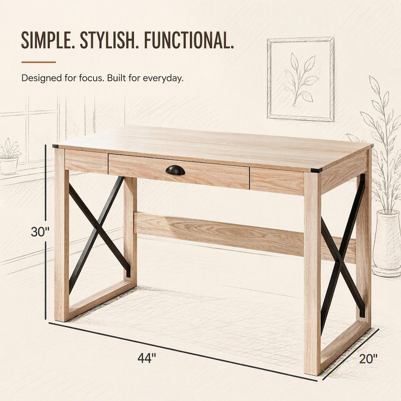 Bureau d'écriture style rétro avec cadre en X stable et tiroir spacieux pour le bureau à domicile