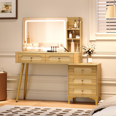 Coiffeuse vintage avec miroir et éclairage, 120 cm L x 35 cm P x 120 cm H, MDF + métal + rotin, 1 pièce, coiffeuse, naturelle, avec tiroirs en rotin