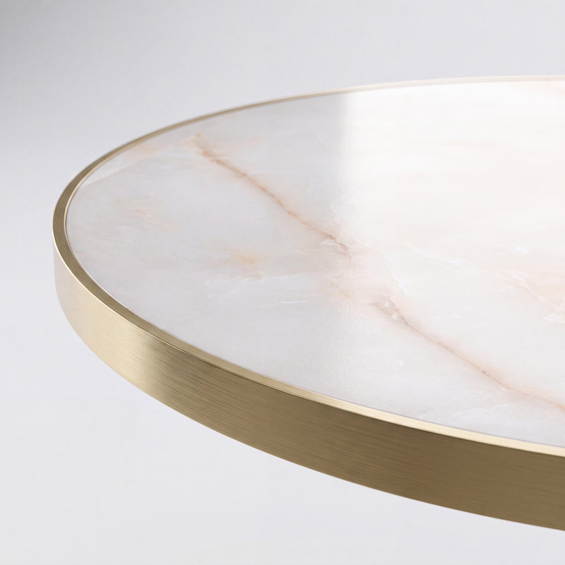 Table de salle à manger ronde en pierre frittée avec base en métal doré, Ivoire ivoire