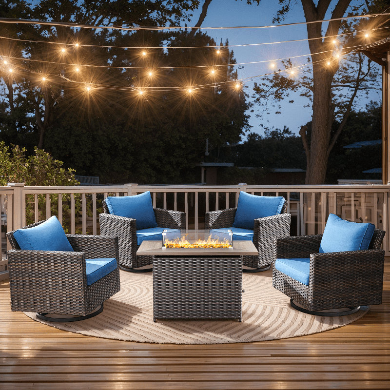 Naresa 5-Piece Outdoor Set  4 Swivel Gliders & Fire Pit Table, 55K BTU Heat, All-Weather PE Wicker, Gray, Blue