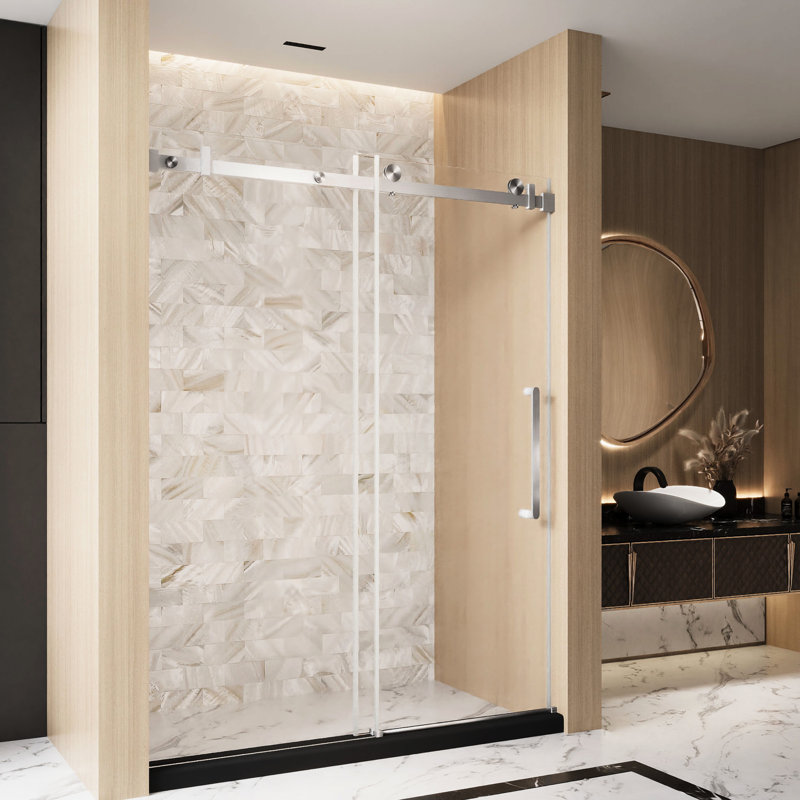 Bathroom Single Sliding Shower Door 56 - 60 "W X 76" H, 1/4"  6 Mm  Clear Tempered Glass With Film, Stainless Steel Square Tube Track And Handle In Brushed Nickel, American Design, Smooth Moving