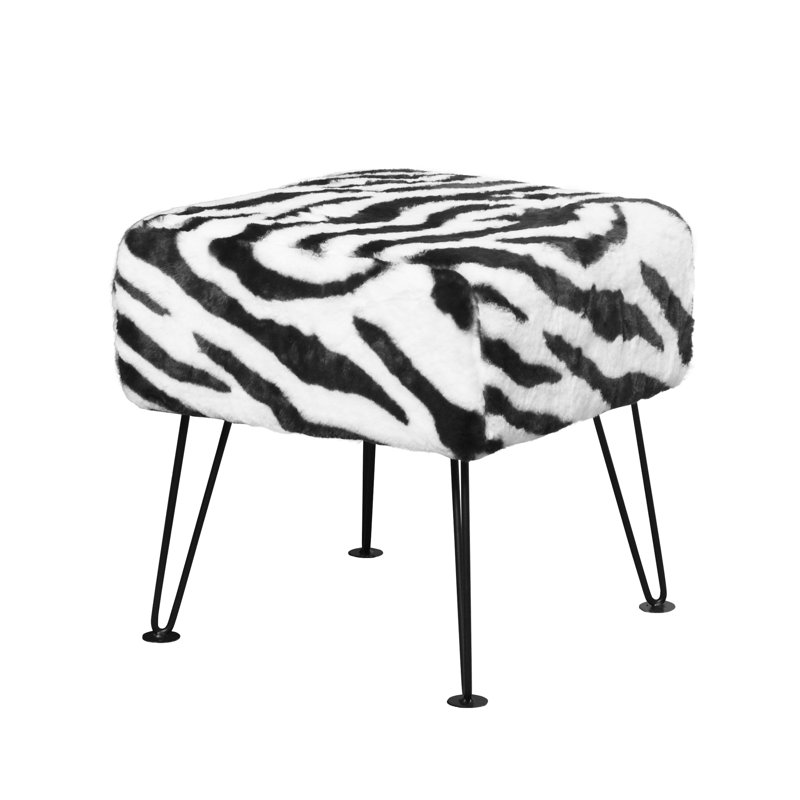 43.2cm Wide Square Animal Print Standard Ottoman, Black/White Faux Fur