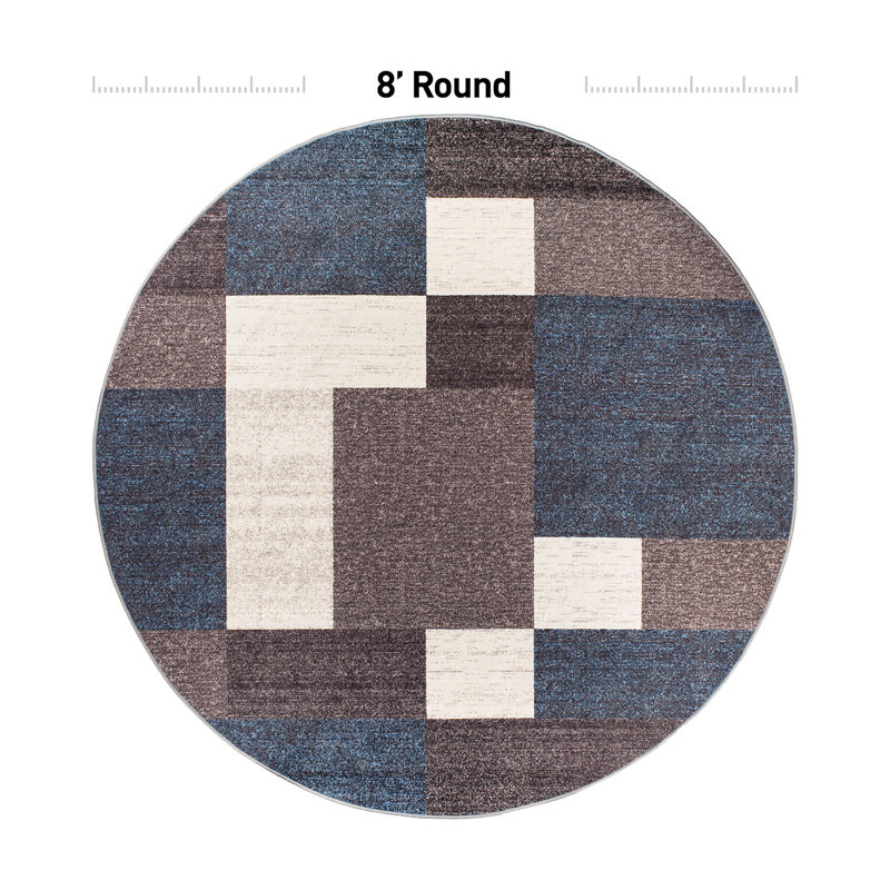 Tapis bleu touffeté à motif géométrique Allyne, Rond 8 pi