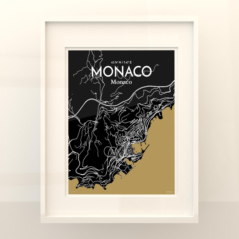 Monaco City Map, impression, H 20 po x l 16 po, Noir / or