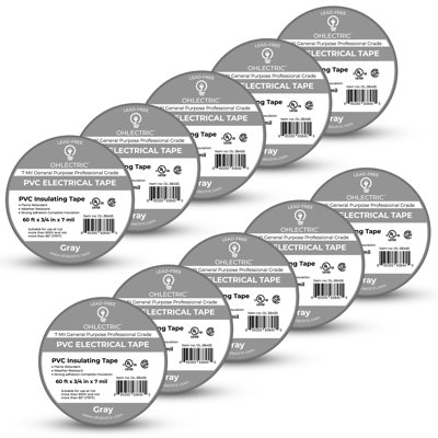 Professional Grade Lead-Free PVC Electrical Tape 3/4"x 0.07" x 60 ft. Gray - Pack of 10