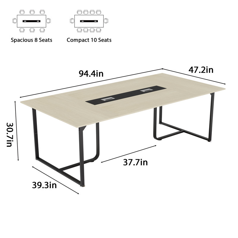 Table de conférence en bois 94,4 po avec gestion des câbles intégrée et structure en métal robuste. Bureau polyvalent pour 8 à 10 personnes pour les bureaux et les salles de réunion