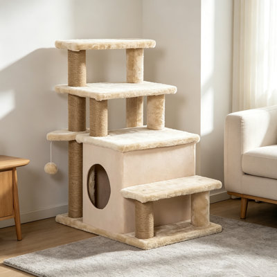 Arbre à chat beige à plusieurs niveaux, avec poteaux à griffer en sisal, perchoirs moelleux, balle de jeu et escaliers pour chats et chatons d'intérieur