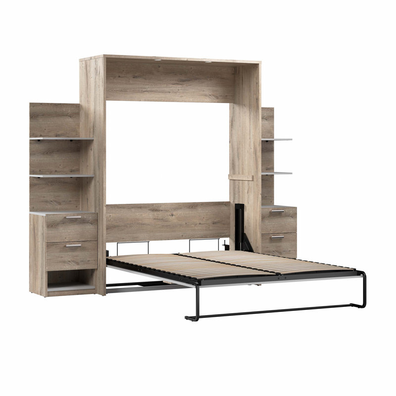 Osterman Murphy Bed with Nightstands and Floating Shelves, Queen, Rustic Brown & White
