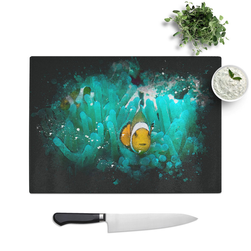 Tempered Glass Clownfish and Sea Anemone Abstract Chopping Board, 20 cm x 28.5 cm