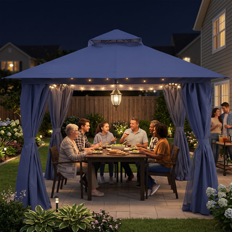 Gazebo d'extérieur 10'x10' avec moustiquaire et rideaux d'intimité, H 9,3 pi x l 10 pi x P 10 pi, Marine