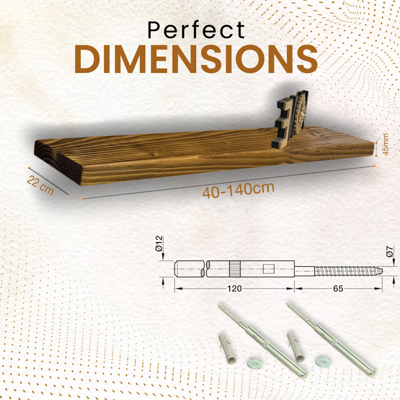 Shelf | Wall-Mounted Wooden Board With FLOATING Brackets, 4.5cm H x 120cm W x 22cm D, Tudor Oak