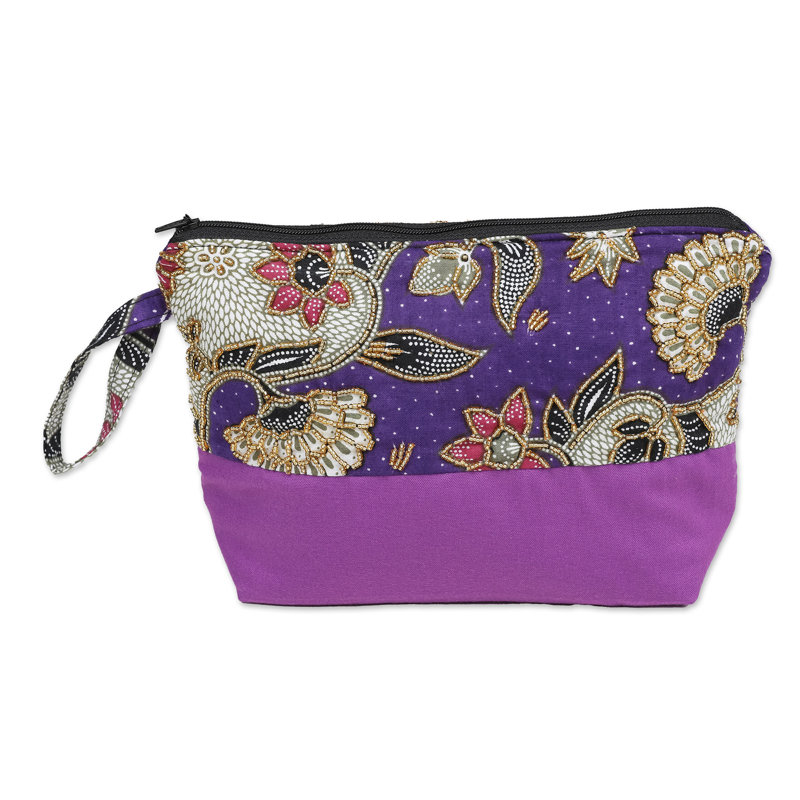 Trousse à maquillage en batik en coton brodé à la main Novica