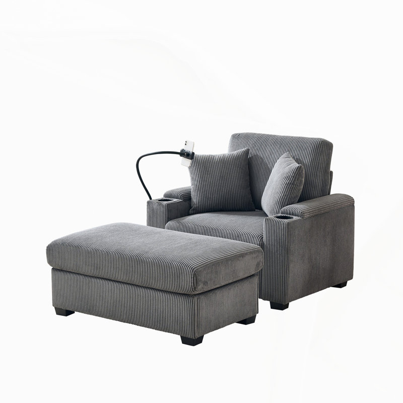 Corduroy Upholstered Oversized Chaise Lounge Chair with Ottoman,with Cup Holder,Mobile Phone Stand&USB Charging Port, Gray