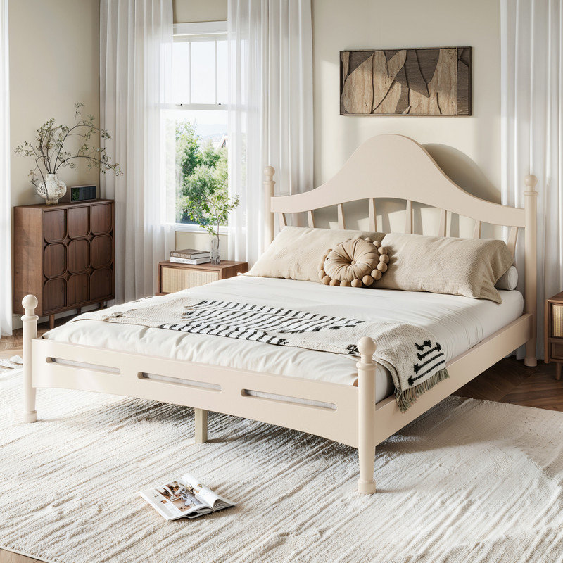 Grand lit plateforme avec tête de lit chic, structure de lit en bois massif avec support à lattes, pas de sommier tapissier et conception basse à terre, beige