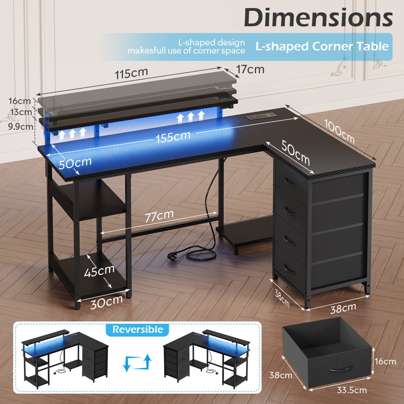 L-Shaped Metal Base Computer Desk, Black, 88cm. H x 155cm. W x 100cm. D