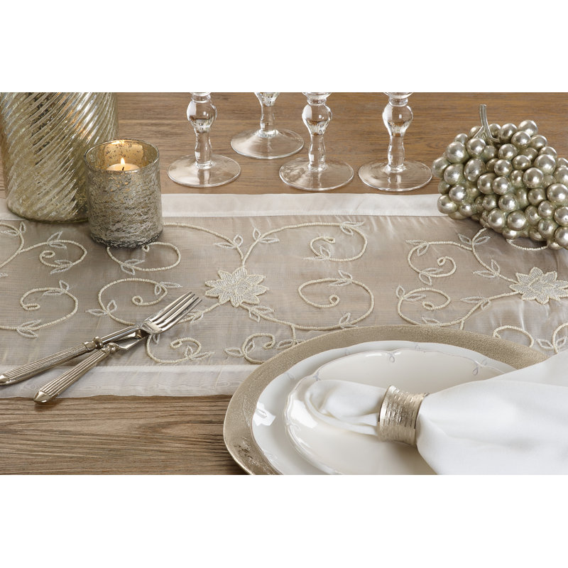 Beaded Design Handmade Table Runner, Ivory