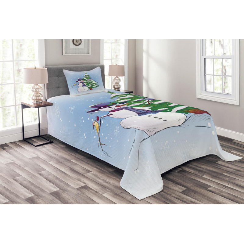 Blue Twin Microfiber Snowman Bedspread Set