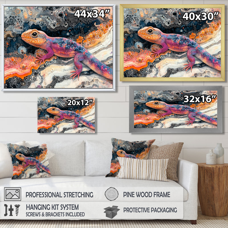 Lézard coloré dans le lac Harmony II - lézard, art mural, H 30 po x l 40 po, Reproduction encadrée d'une seule photo