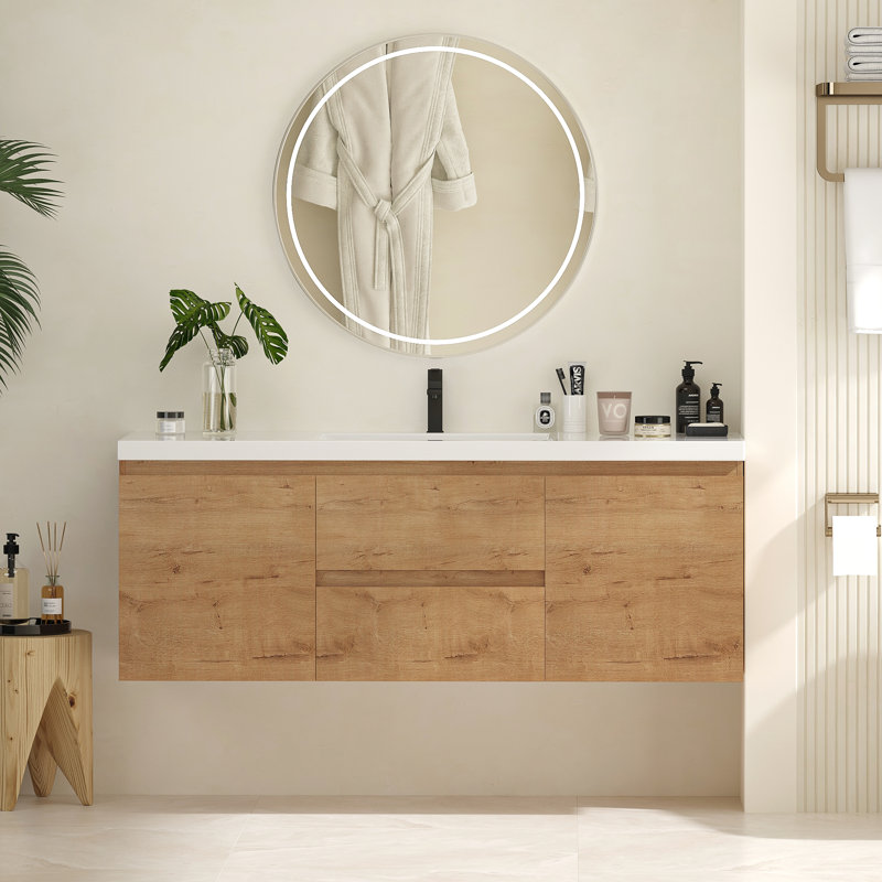 Meuble-lavabo simple 59,1 po avec comptoir et deux tiroirs, ensemble de meuble-lavabo mural flottant (robinet non inclus), entièrement assemblé