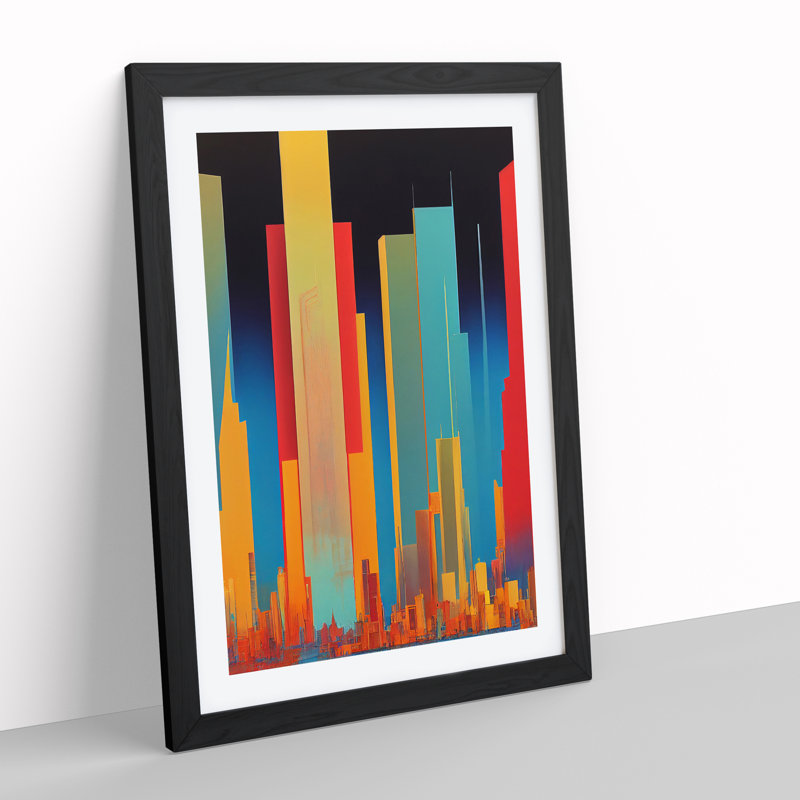 Animated City Skyline Abstract - Wall Art, Black Framed, 64cm H x 46cm W