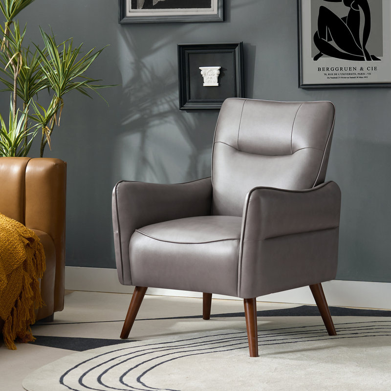 Amylee Modern Faux Leather Armchair with Solid Wood Legs, Gray Faux Leather