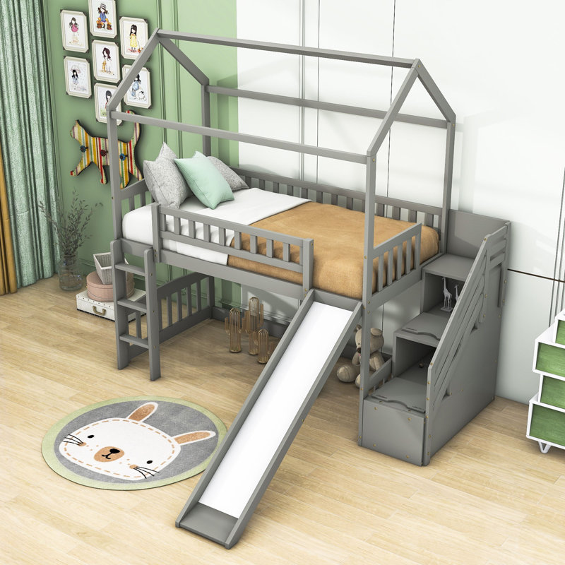 Kaing Twin Size Loft Bed with Slide and Storage, Gray