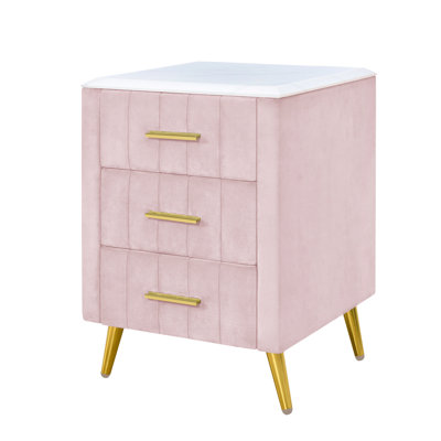 Table de chevet rembourrée avec 3 tiroirs, pieds et poignées en métal, table de chevet à dessus en marbre pour la chambre à coucher ou le salon - Rose