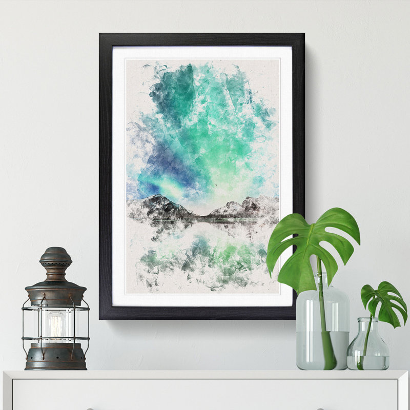 Northern Lights over Skagsanden Beach - Picture Frame Painting Print, 33cm H x 24cm W x 2cm D, Black Framed