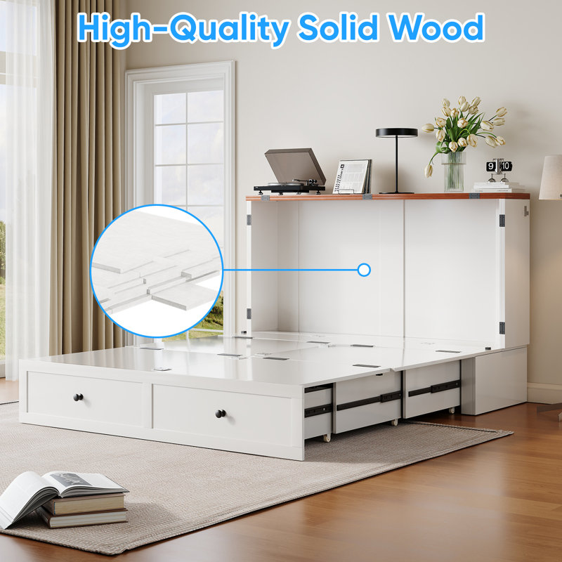  Murphy Bed With Built-in Charging Station, Queen Size Cabinet Bed With Tri-folding Mattress, Queen Murphy Cabinet Beds With Storage Drawers For Living Room, Apartment, Bedroom