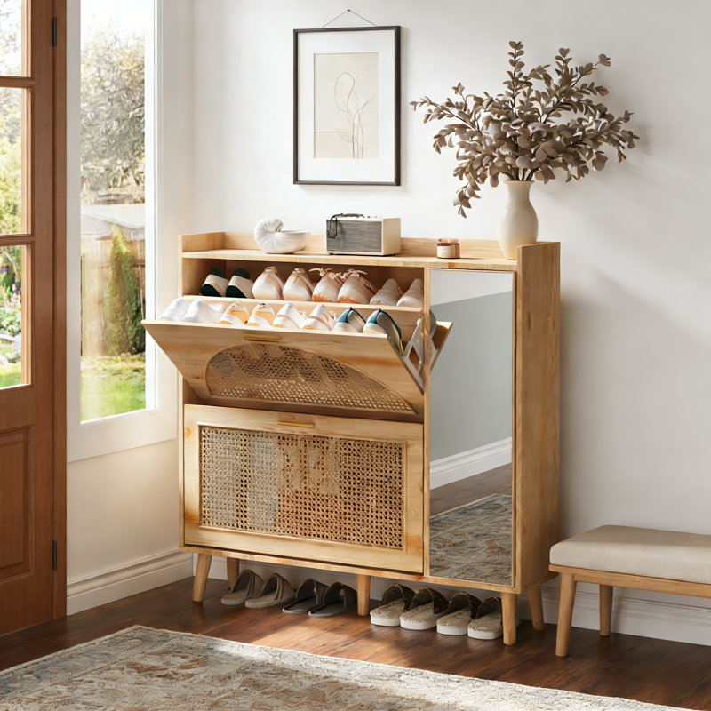 Natural Rattan Shoe Storage Cabinet, Freestanding Hidden Shoe Rack Cabinet with 2 Flip Drawers, Mirror & Adjustable Shelves for Entryway, Hallway, Closet, Living Room