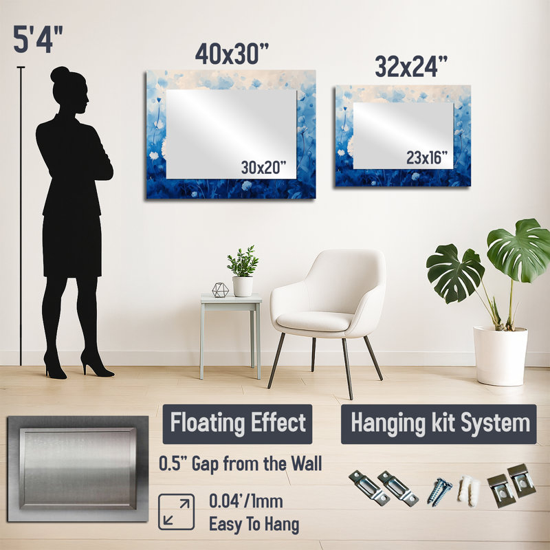 Doux pissenlit lueur en bleu aquarelle I - miroir floral pour décoration murale - imprimé sur métal, 30 po x 40 po