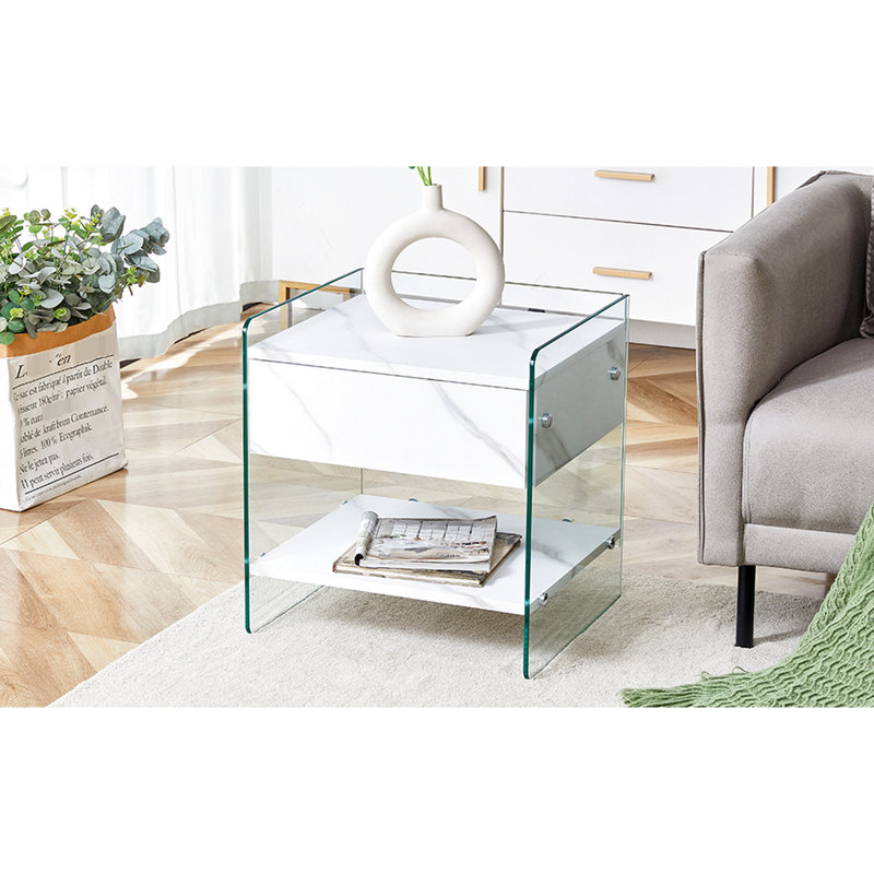 Table de chevet avec rangement de tiroir - plateau de table, côtés en verre trempé transparent, structure stable pour la maison, surface de matériau contenant l'intérieur idéale, installation rapide, mode de vie adapté