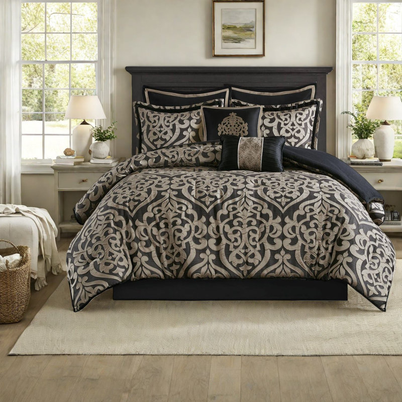 Elegant 8pcs King Bedding Set, Polyester Jacquard, Timeless Design