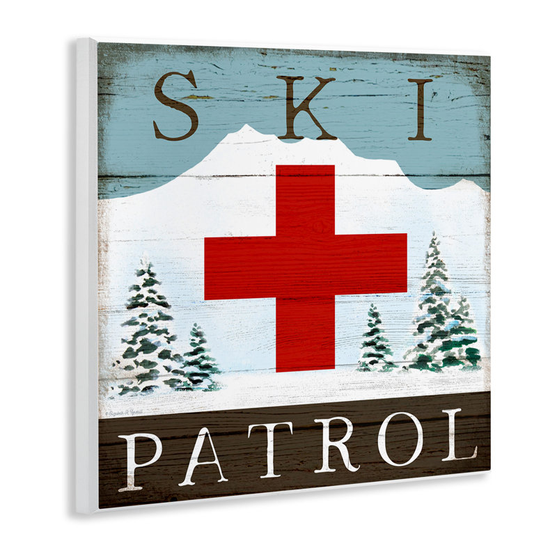 Signe de chalet de patrouille de ski rustique, montagne enneigée, montagne, encadré noir, art texturé par Elizabeth Tyndall