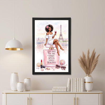 Tableau sur toile représentant une femme noire avec la tour Eiffel et un flacon de parfum (lot de 1)