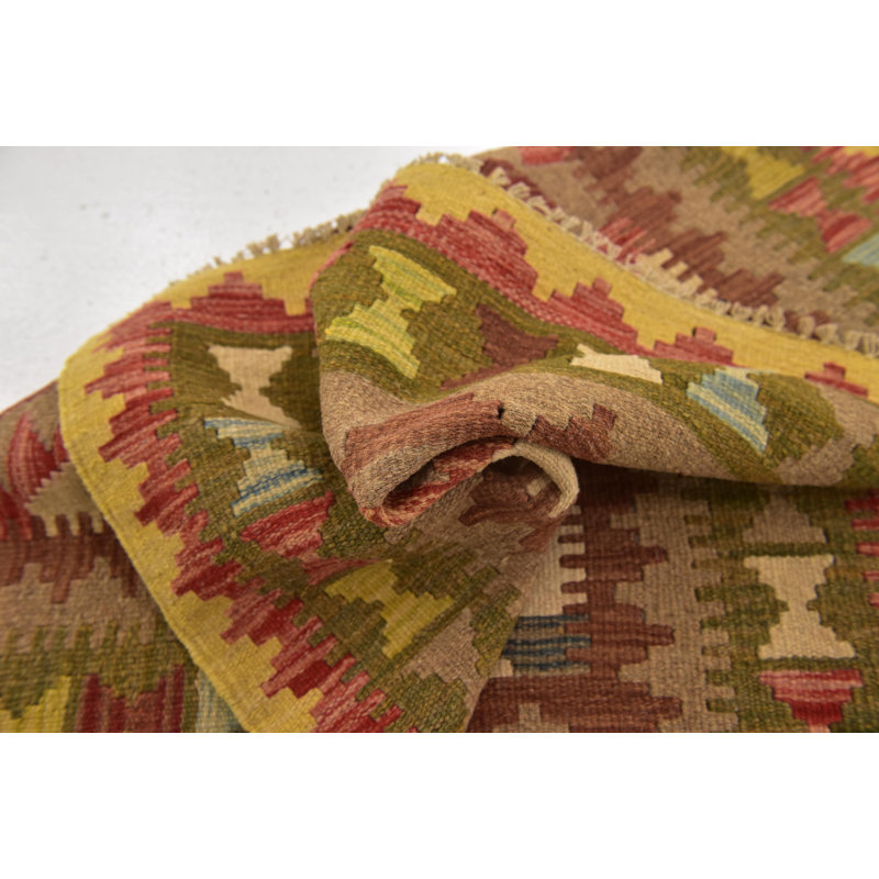 Tapis de surface en laine vert/rouge/beige 3 pi x 3 pi noué la one-of-kind Doorfield