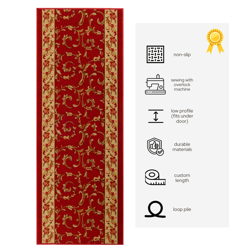 Custom Size Washable Non-Slip French Veronica Floral Red Design Low Pile Hallway Runner Rugs, Runner 2'8" x 6'