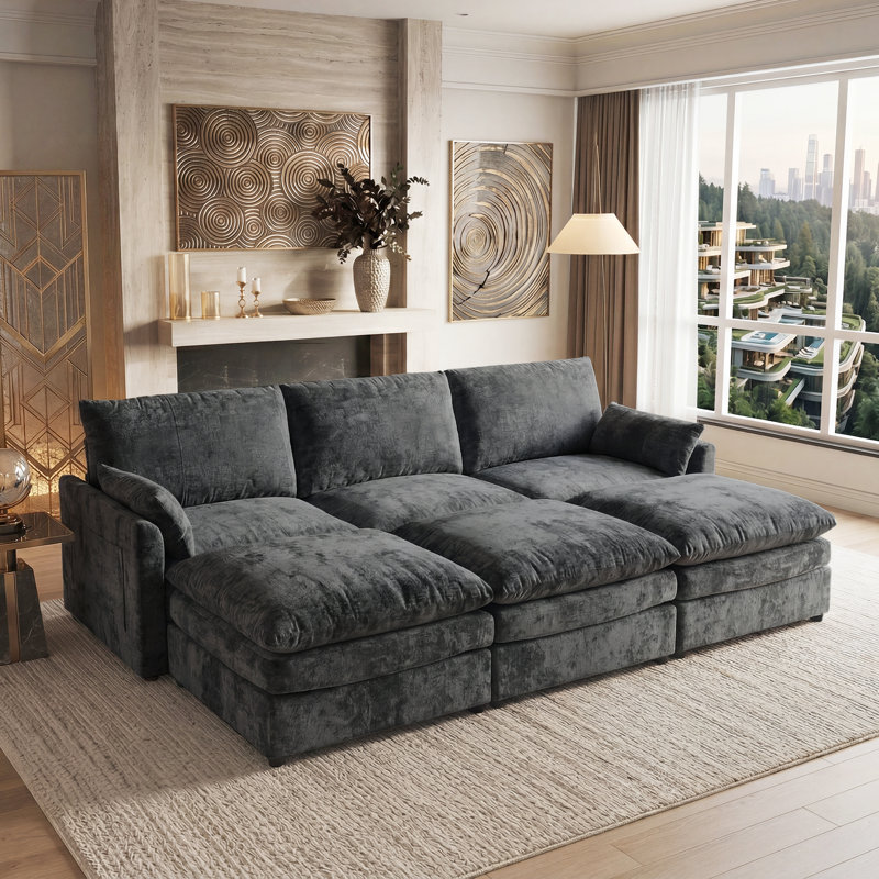 Drago 4-Piece Modern Upholstered Living Room Set With Ottomans, Dark Gray